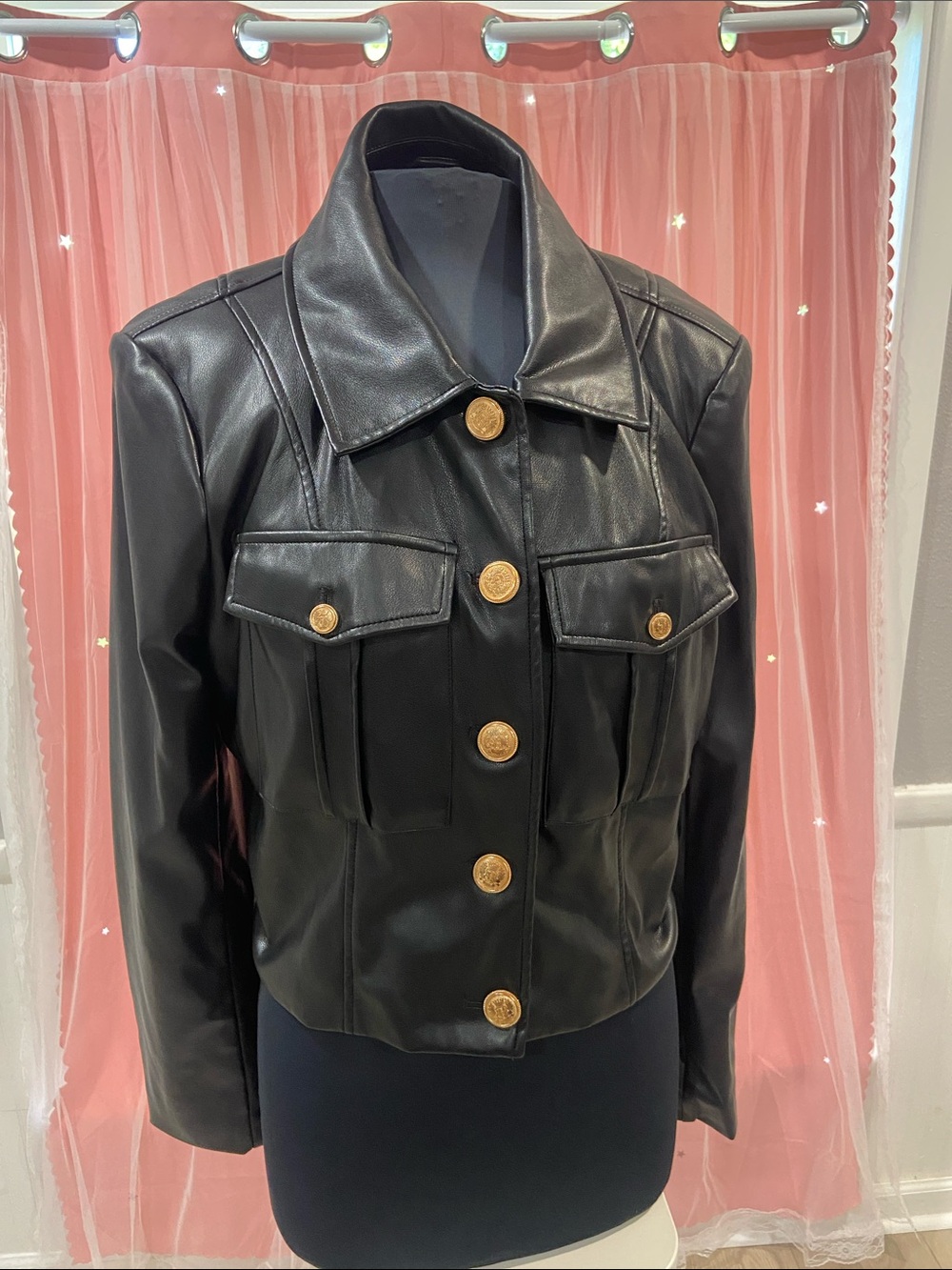 Avec Les Filles Black Faux Leather Jacket with Gold Buttons size XL - Picture 4 of 13